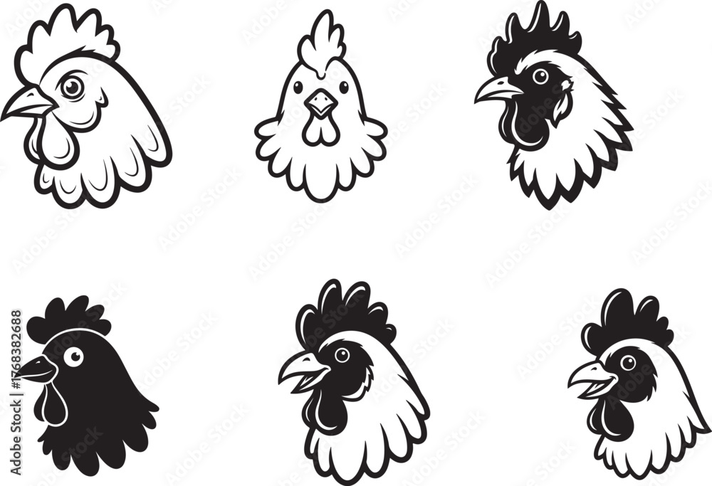 Naklejka premium Rooster heads black white illustrations chicken black and white