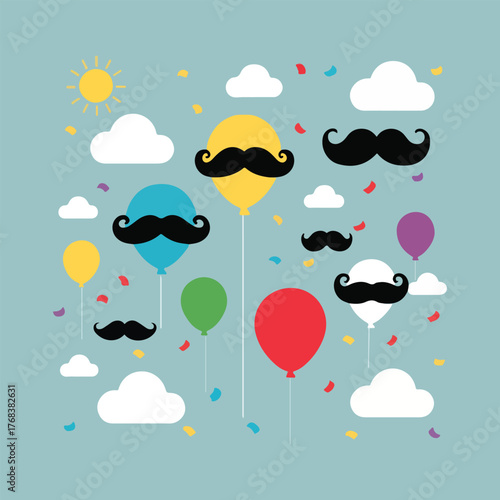 Men’s health awareness Movember vector bundle with diverse mustache faces, infographic charts, social media stickers, fundraising badge, calendar highlights, abstract patterns, flat minimal style