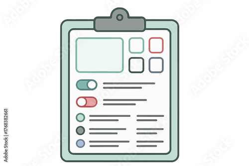 Digital interface on a clipboard showing settings, toggles, and checklist items for task management