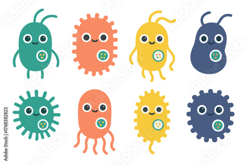 Collection of adorable smiling cartoon microorganisms and germs in various shapes