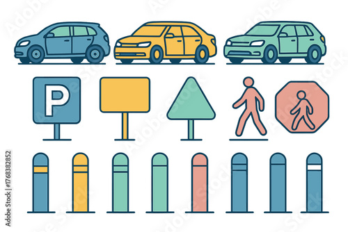 Urban street elements collection with passenger cars, traffic signs, and protective bollards