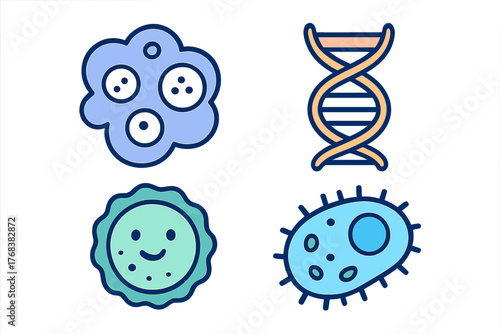 Colorful DNA helix and microorganism symbols representing microbiology and genetics