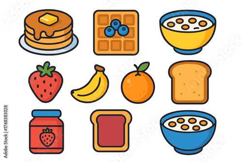 Morning breakfast food items including pancakes waffles cereal fruit and toast