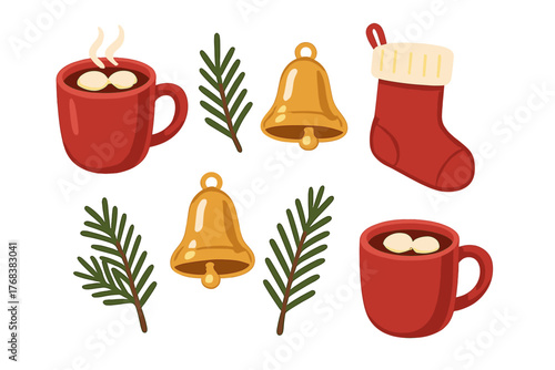 Collection of festive winter holiday elements including hot cocoa mugs, golden bells, pine branches, and a Christmas stocking