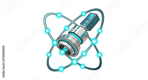 Quantum Technology Icon with Atomic Orbit and Futuristic Device Illustration on White Background