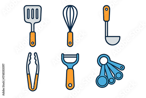 Essential kitchen tools set including spatula, whisk, ladle, tongs, and measuring spoons