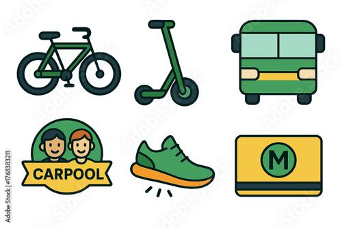 Sustainable urban mobility options featuring bicycle scooter bus carpool and transit pass symbols
