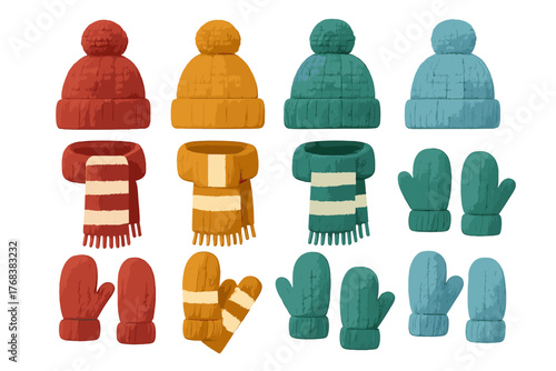 Cozy knitted winter hats, striped scarves, and matching mittens in vibrant colors