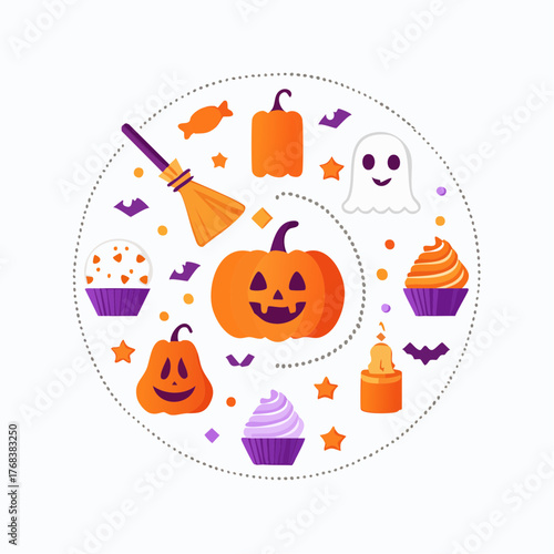 Halloween Celebration Circular Design with Pumpkins, Cupcakes, and a Friendly Ghost Icon
