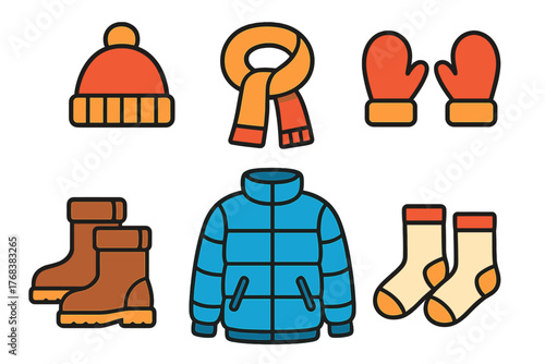 Essential winter clothing collection with warm hat, scarf, puffer jacket, mittens, boots, and socks