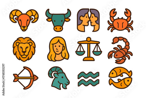 Set of twelve colorful astrological zodiac signs icons representing the major celestial symbols and constellations