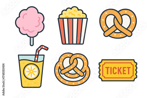 Classic fairground food and entertainment items including cotton candy, pretzels, lemonade, and event ticket