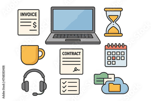 Set of essential business and office icons including laptop, invoice, contract, calendar, and cloud storage symbols