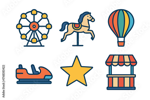 Colorful amusement park and carnival attractions including Ferris wheel, carousel horse, and bumper car rides