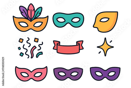 Vibrant set of carnival and Mardi Gras masks with decorative feathers, confetti, and festive elements