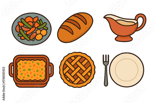 Traditional holiday dinner elements including roasted vegetables bread gravy casserole pie and tableware