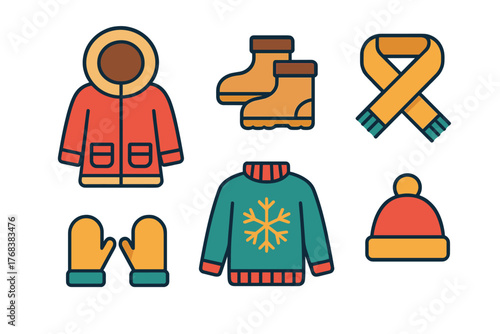 Essential cold weather apparel set including jacket, sweater, boots, scarf, hat, and mittens