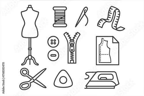 Essential sewing and tailoring equipment icons set including dress form, thread, zipper, and measuring tape