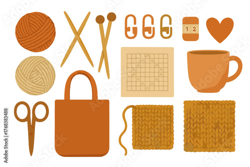 Knitting and crochet tools collection with yarn balls, wooden needles, and accessories