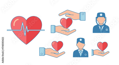 Medical Care & Doctor Icons Heart Health, Healthcare Professionals, and Caring Hands Vector