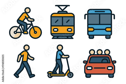 Set of colorful icons depicting different modes of urban transport including cycling, walking, tram, bus, car, and scooter