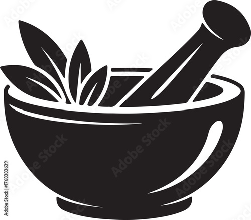 Mortar and pestle silhouette with leaf detail