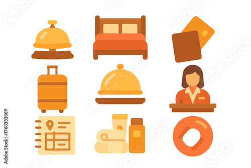 Essential hotel and travel service symbols featuring reception bell, bed, luggage, and key cards