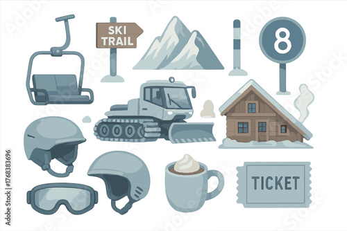 Set of winter ski resort elements including snow groomer chair lift protective gear and mountain lodge