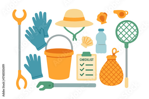 Essential equipment set for environmental cleanup and nature exploration activities