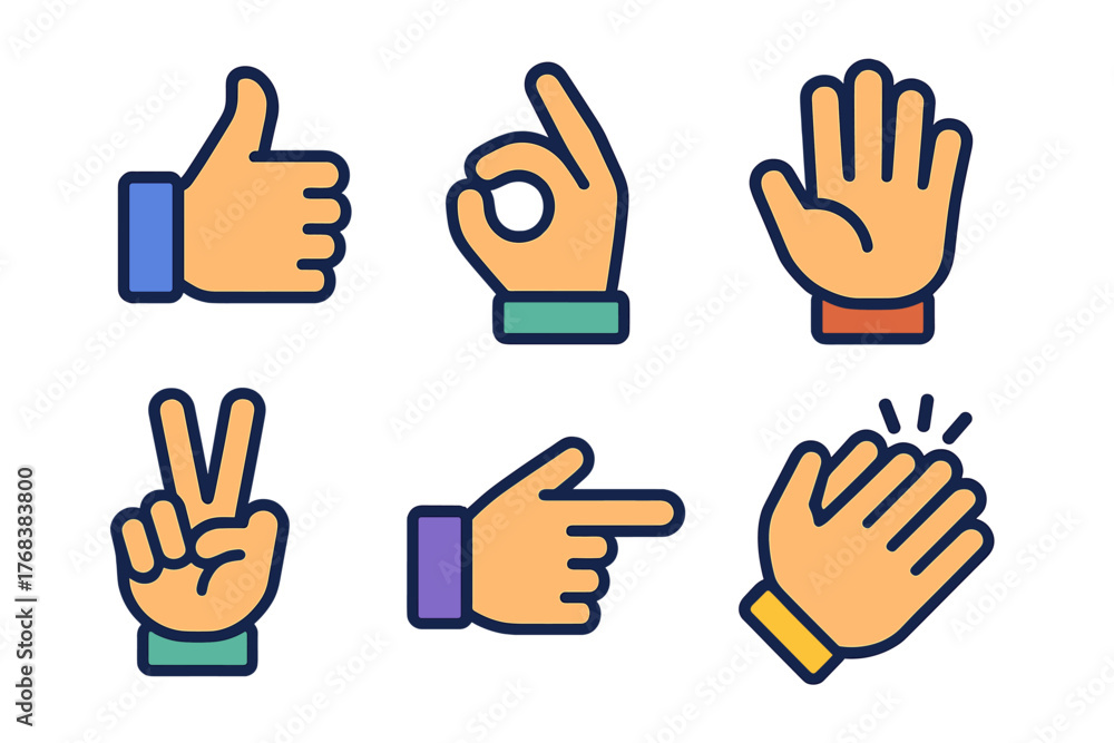 Obraz premium Set of human hand gestures showing approval, agreement, peace, direction, and applause