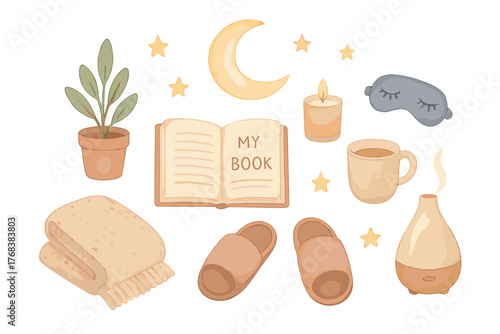 Collection of cozy objects for a relaxing bedtime routine including book slippers blanket and candle