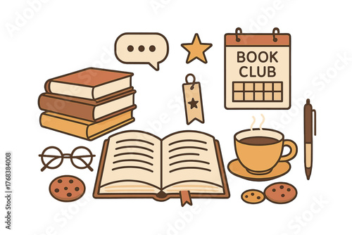 Cozy reading set with stacked books, open novel, hot coffee, and book club calendar