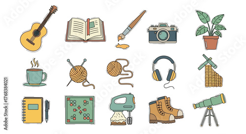 A diverse and colorful collection of everyday hobby items and leisure objects, illustrating a wide range of creative pursuits, personal interests, and comfortable lifestyle activities