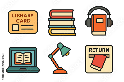 Colorful set of library and reading symbols including books, card, laptop, and desk lamp