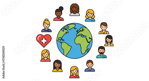 Global community health and diversity concept featuring diverse people united around the Earth, symbolizing international cooperation, care, and social well-being for all