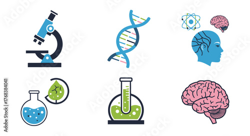 Science and Technology Icons Microscope, DNA, Brains, and Laboratory Elements, For Education or Research