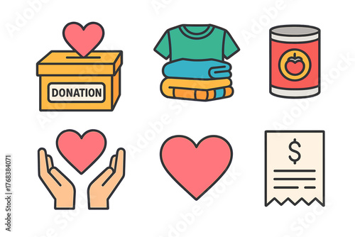 Essential symbols representing charity, donation, humanitarian aid, money, food, and volunteer support