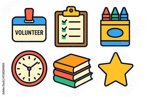 Essential icons for volunteering and education featuring badge, checklist, books, and clock symbols