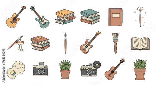 Artistic Hobbies Vector Icons for Creative Pursuits like Music, Reading, Photography, and Plants
