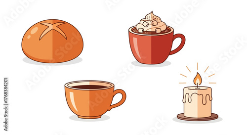 Warmth and comfort essentials illustrated a wholesome bread loaf, a delightful hot chocolate, a cozy coffee mug, and a gently flickering candle, evoking a sense of relaxation and home