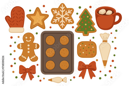 Holiday baking elements assortment with gingerbread man, decorated cookies, baking sheet, and hot cocoa