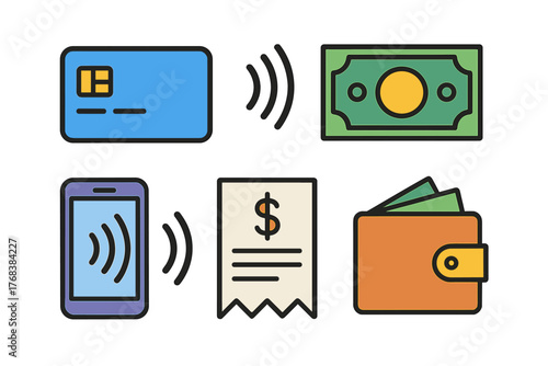 Set of financial transaction icons including contactless payment, credit card, cash, receipt, and wallet