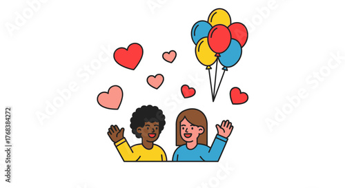 Diverse Friends Celebrating Together with Balloons and Hearts, Spreading Joy and Happiness