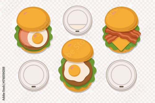Overhead view of various breakfast sandwiches with egg, bacon, ham, cheese, and coffee cup lids in a pattern