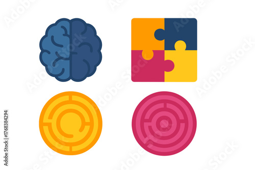 Colorful icons set featuring brain, puzzle, and maze symbols for problem solving concept
