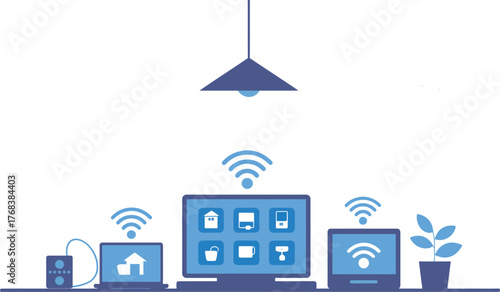Connected devices in a home office illustrate smart home technology and Wi-Fi signals.