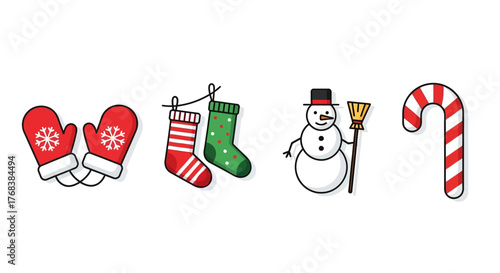 Festive Christmas Icons Snowman, Candy Cane, Mittens, and Stockings for Holiday Cheer
