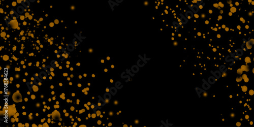 Abstract background with gold glitter on black, gold paint splatter on a black  elegant decoration for celebrations, with falling confetti and light effects, Defocused lights with a beam of light.