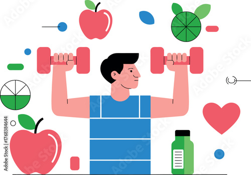 A man lifts weights while surrounded by healthy food and symbols of wellness.