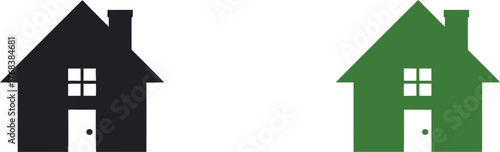 Two simple house icons, one black and one green, isolated on white background.